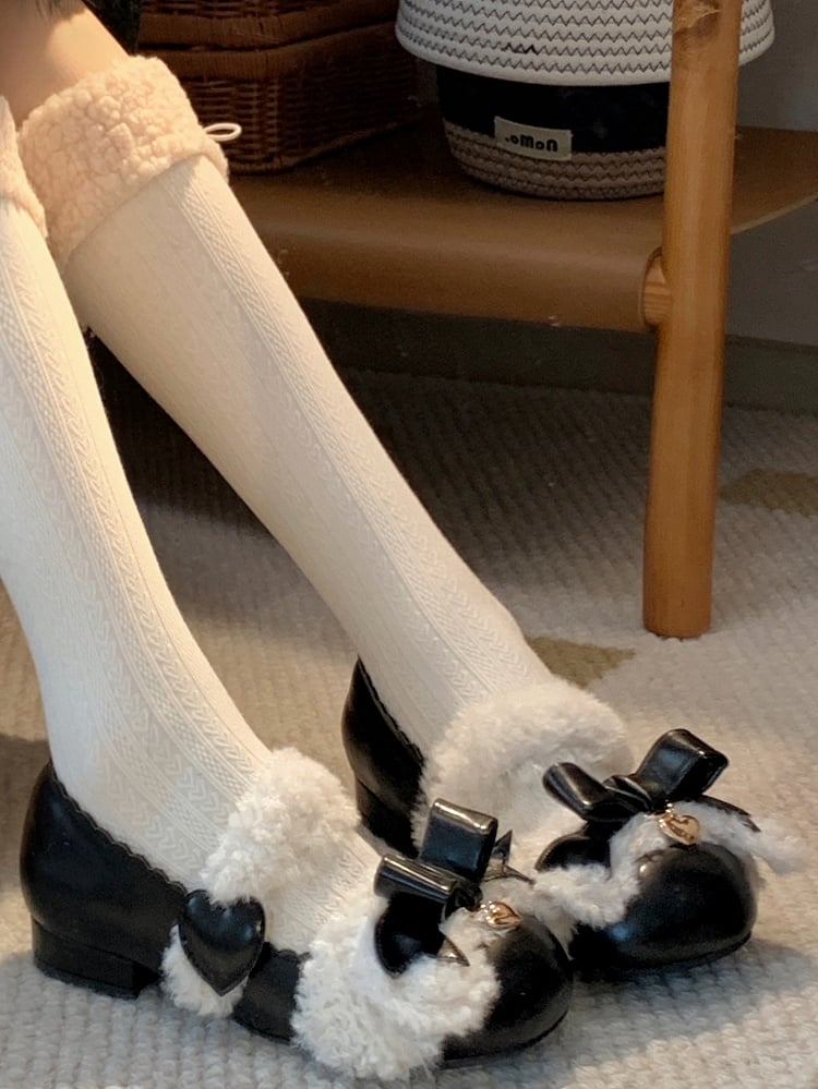 Plush Velcro Strap Black Bow at Top Flats