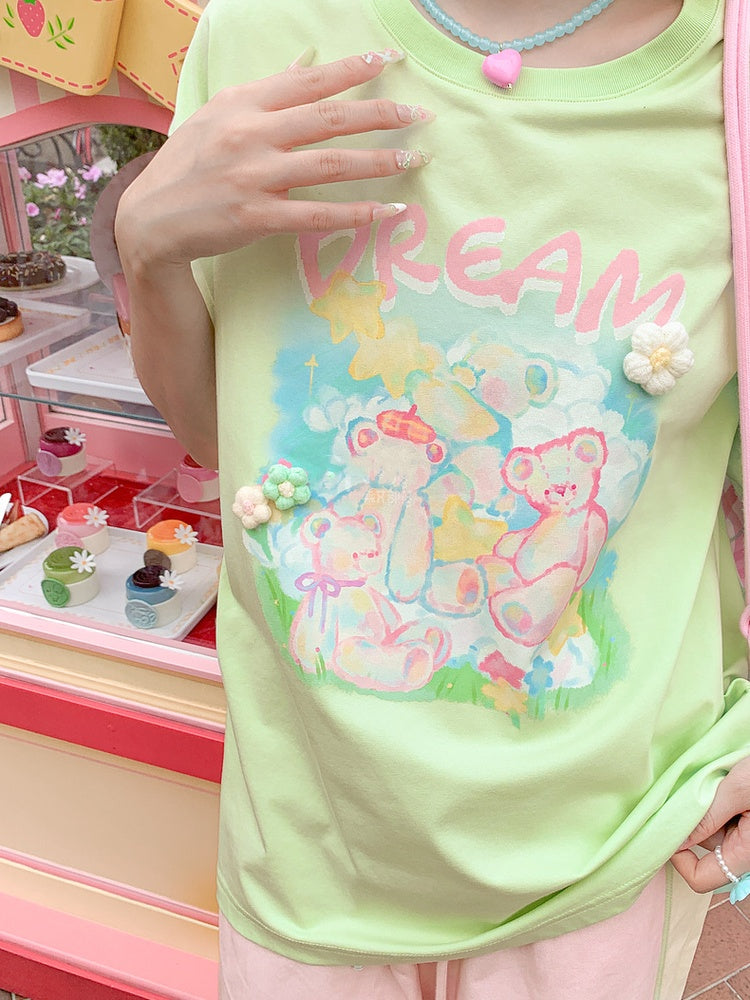 Green Round Neck Teddy Bear Print Knit Floral Accents Loose T-shirt