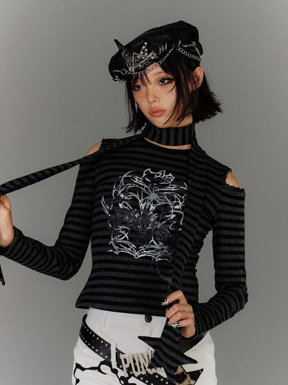Punk Black & Gray Striped Cutout Shoulder Graphic Top with Star Scarf