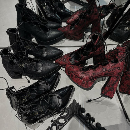 PU Gothic Polished Black High Block Heel Mary Janes - Black/Red Flower Shoe Clips, Back Zipper & Crisscross Design