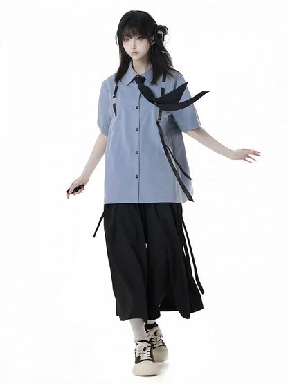 Blue Preppy Style Short Sleeves Shirt with Free Tie