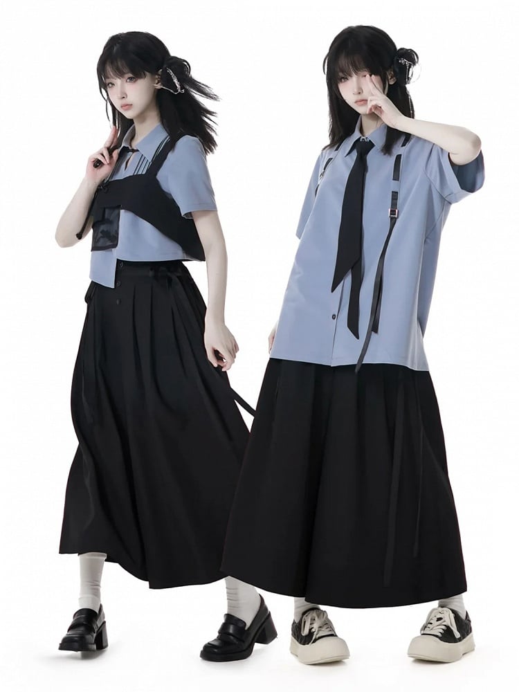 Blue Asymmetrical Hem Pleating Details Short Sleeves Cropped Shirt