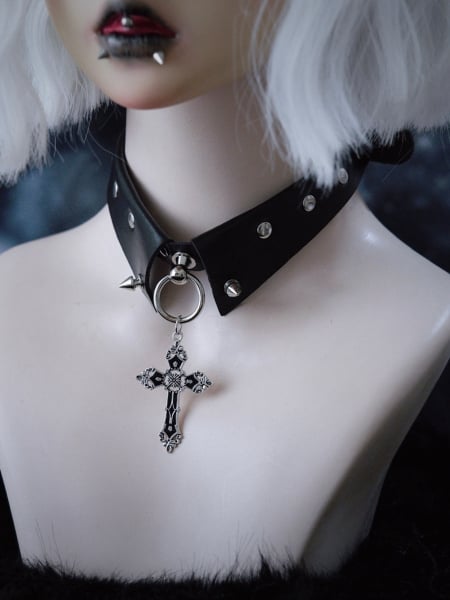 Cross Pendant Y2K Studs Black Gothic PU Choker