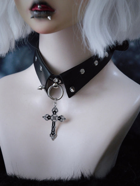 Cross Pendant Y2K Studs Black Gothic PU Choker
