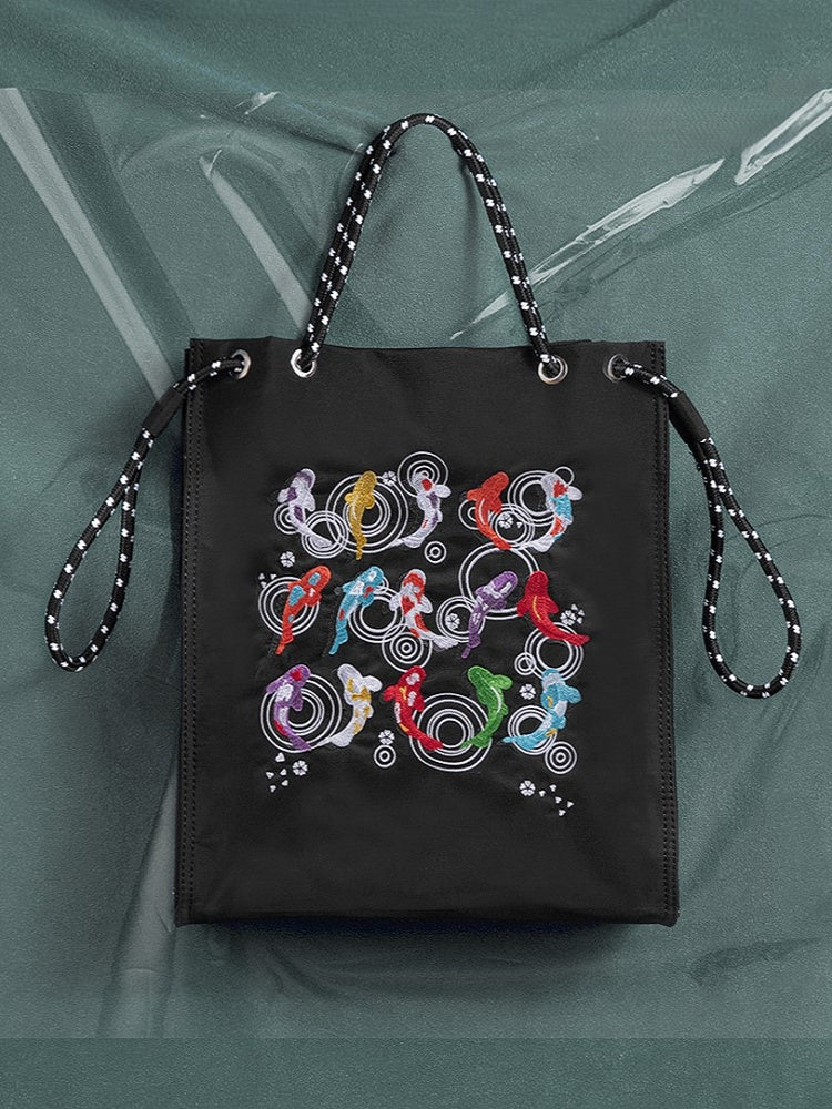 Trendy Black Lucky Koi Embroidery Tote Bag With Zipper Closure And Drawstring Strap