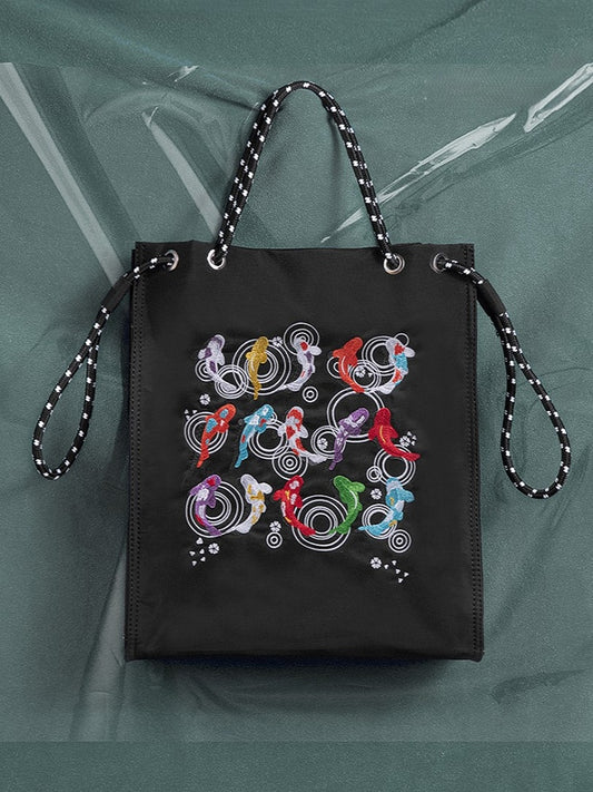 Trendy Black Lucky Koi Embroidery Tote Bag With Zipper Closure And Drawstring Strap