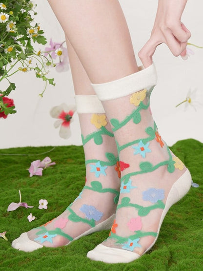 Pink/Blue/Beige Floral Pattern Semi-sheer Calf Socks