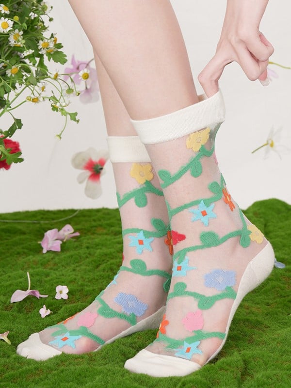 Pink/Blue/Beige Floral Pattern Semi-sheer Calf Socks