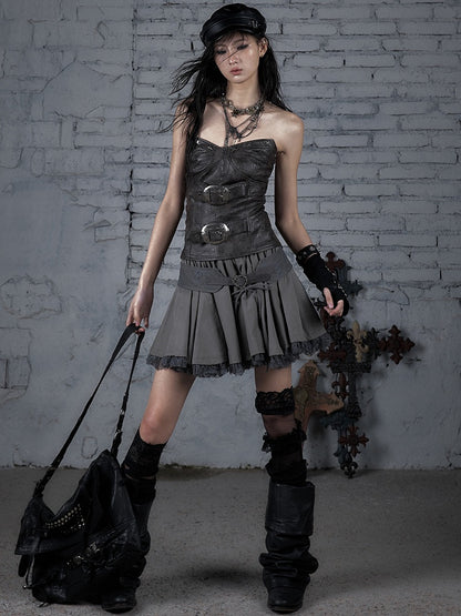 Red/Brown Wasteland Punk Buckle Decorated PU Bustier Top