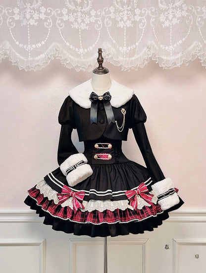 Black Juliette Sleeves Lolita Cropped Coat with White Faux Fur Collar and Cuffs