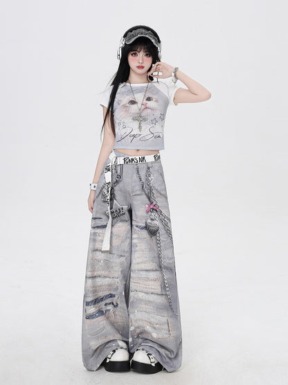 Grey Low Waist Distressed Holes and Chains 3D Print Wide-Leg Casual Pants