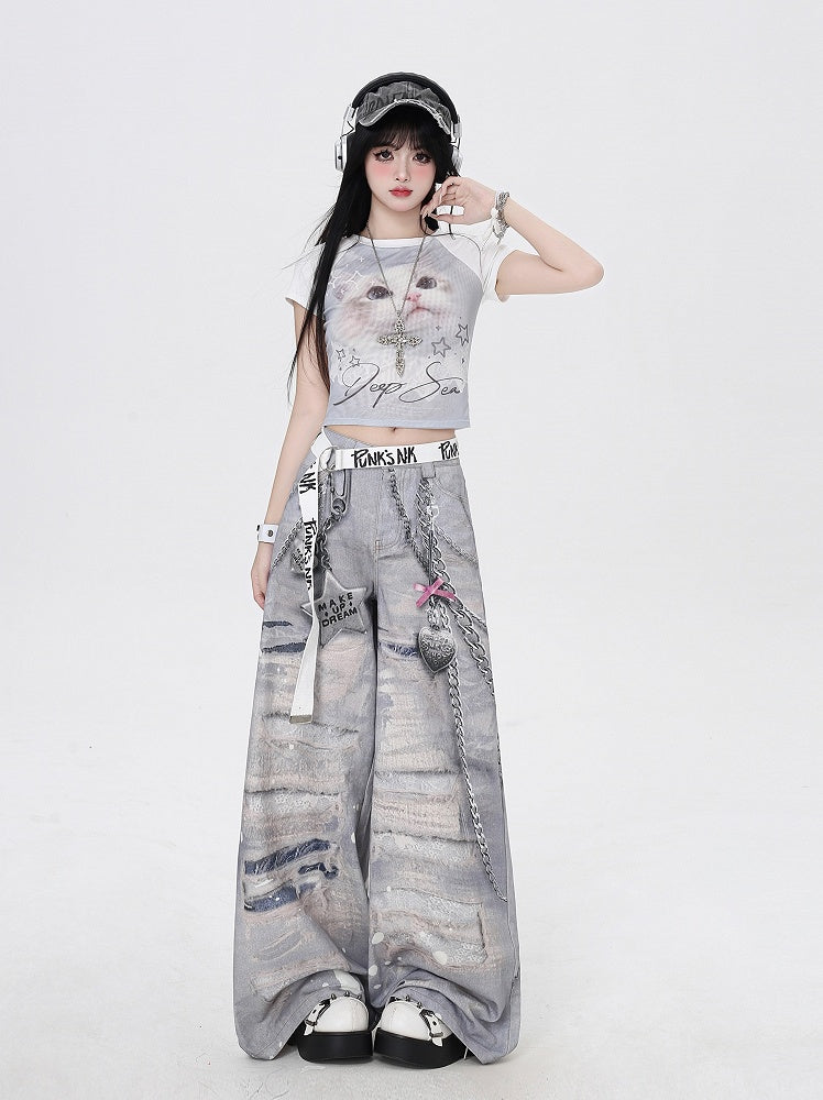 Grey Low Waist Distressed Holes and Chains 3D Print Wide-Leg Casual Pants