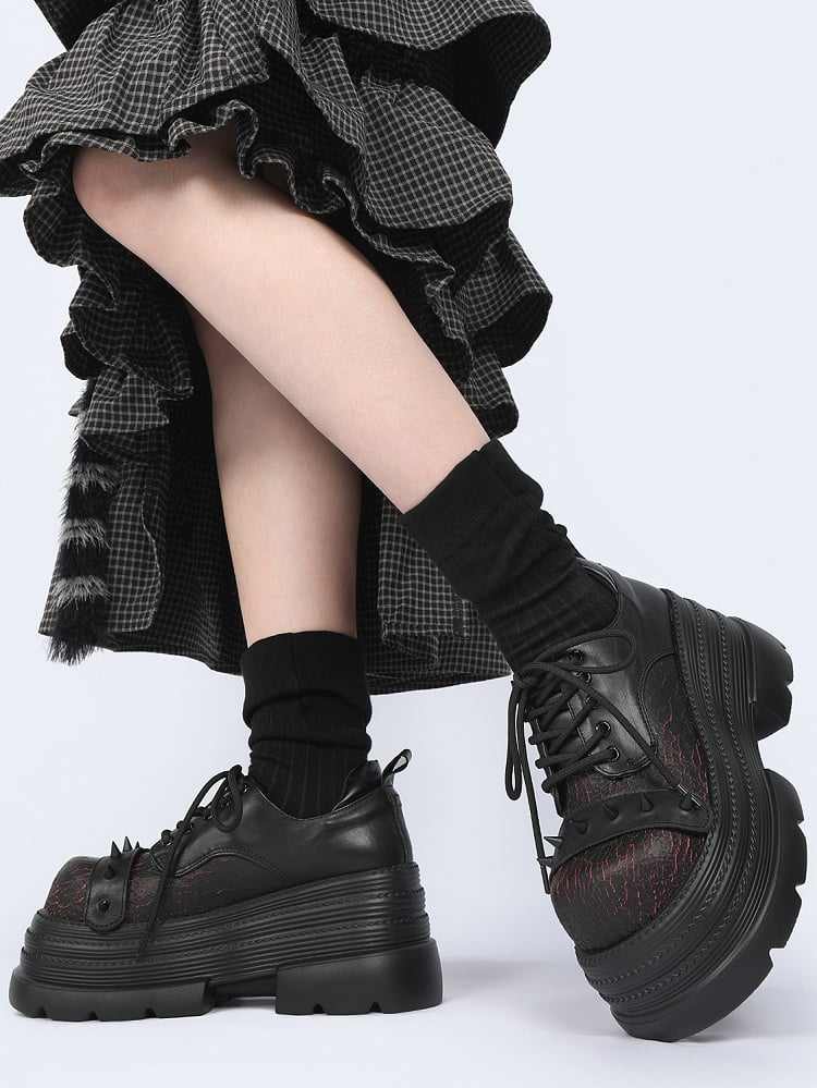 Black & Red Platform Shoes in Gothic Style - Cone Stud Detailing & Lace-up Closure