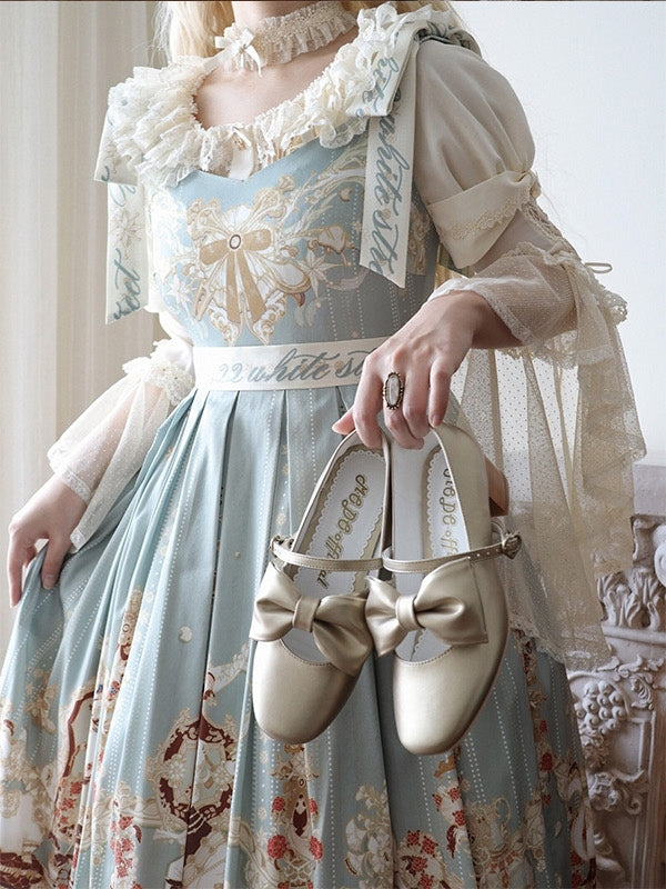 Mid-heel Golden Mary Janes with Mid-heel - Bow at Top & Heart Buckle