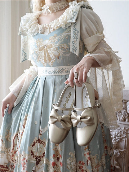 Mid-heel Golden Mary Janes with Mid-heel - Bow at Top & Heart Buckle