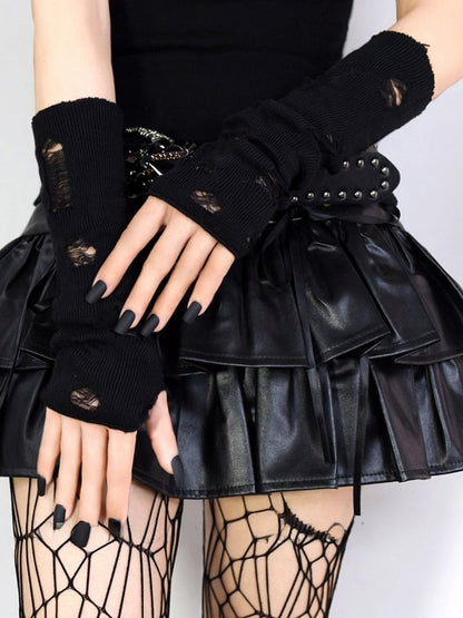 Black/White Cyberpunk Cut-out Design Knitted Gloves