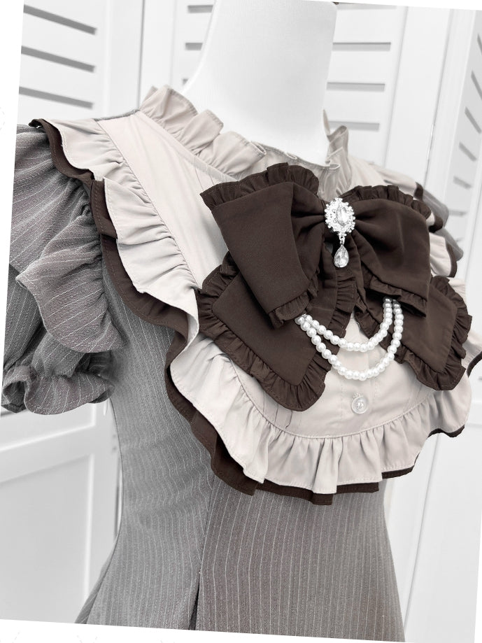 Jirai Kei Ruffle Neckline Puff Sleeves Gray Striped Dress with Free Bowtie