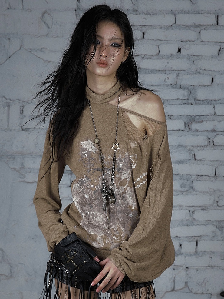 Beige/Khaki Wasteland Punk Distressed Holes Asymmetrical Neckline Sun Protection Top