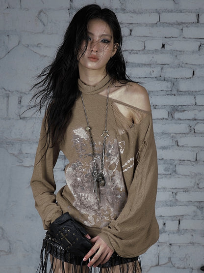 Beige/Khaki Wasteland Punk Distressed Holes Asymmetrical Neckline Sun Protection Top