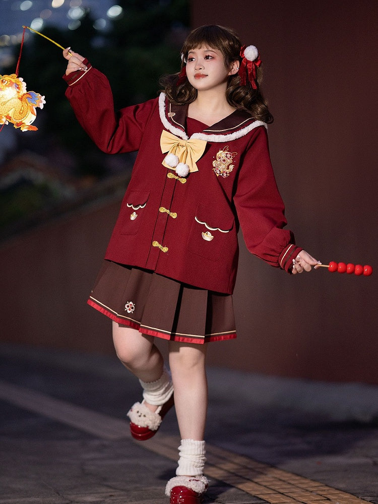 Plus Size New Year Floral Embroidery Brown Pleated Skirt