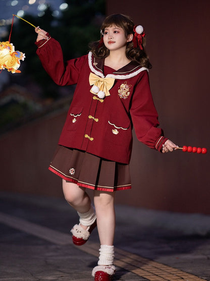 Plus Size New Year Floral Embroidery Brown Pleated Skirt