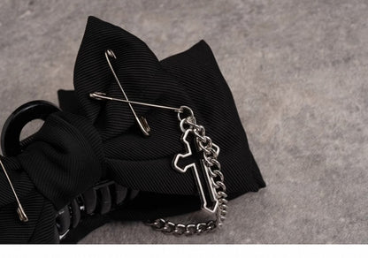 Gothic Pins Decorated Black Bow Claw Clip with Cross Chain