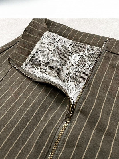 Army Green Millard Fashion Striped Pattern Contrast Lace Patches Cascading Ruffle Accents Skirt