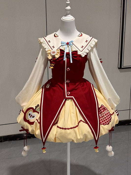 Yellow & Red Apple Embroidered Sweet Clown Lolita JSK Dress + Beige Ruffled Blouse Set