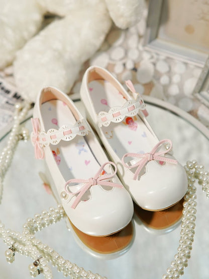 White Beaded Decorated Knotted Bow at Top Round Toe Lolita Shoes