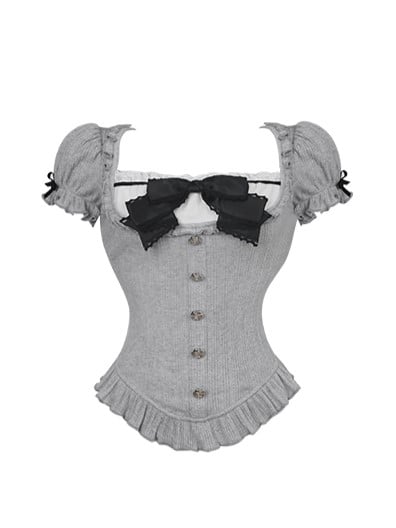 Gray Square Neck Knit Top with Short Puff Sleeves and Bow Accent