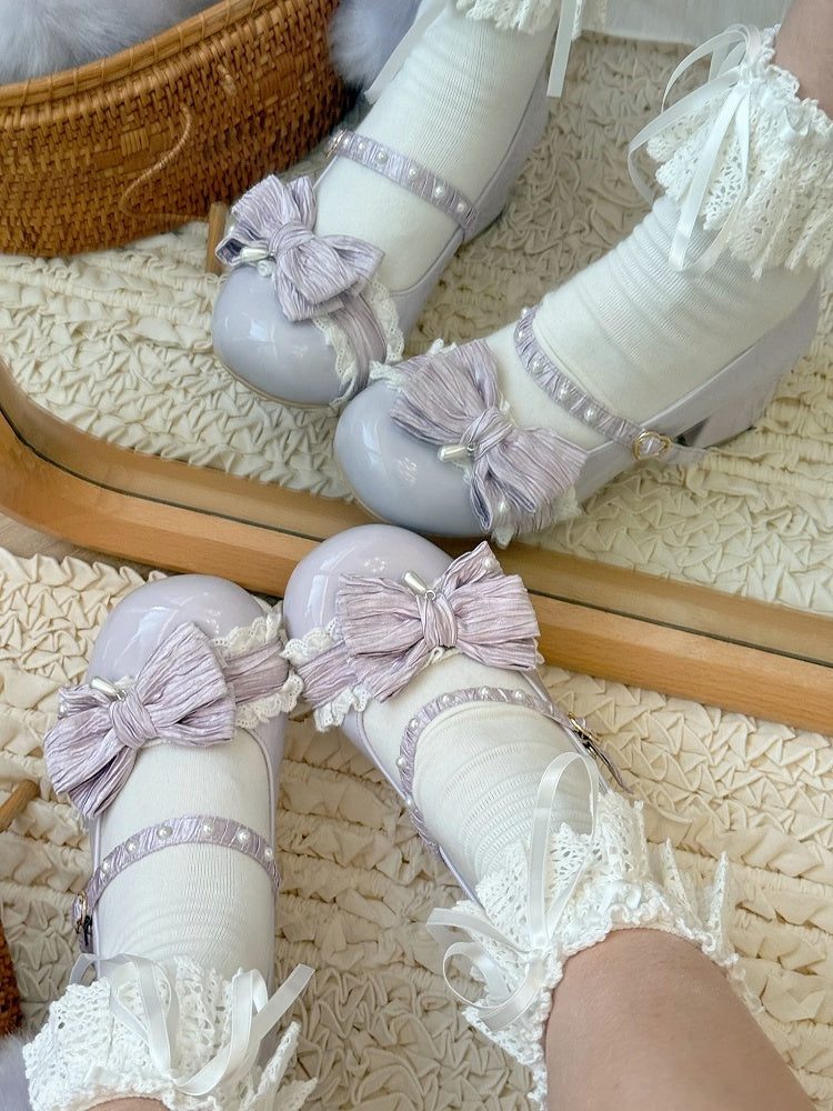 Purple Beaded Decorated Bow at Top 2.5CM/5CM Block Heels Round Toe Shoes