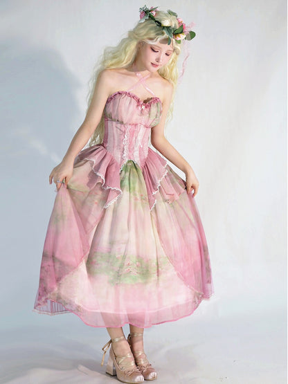 Light Pink Fairy Oil Painting Print Tiered Flounce Hem Halter Boned Corset Top