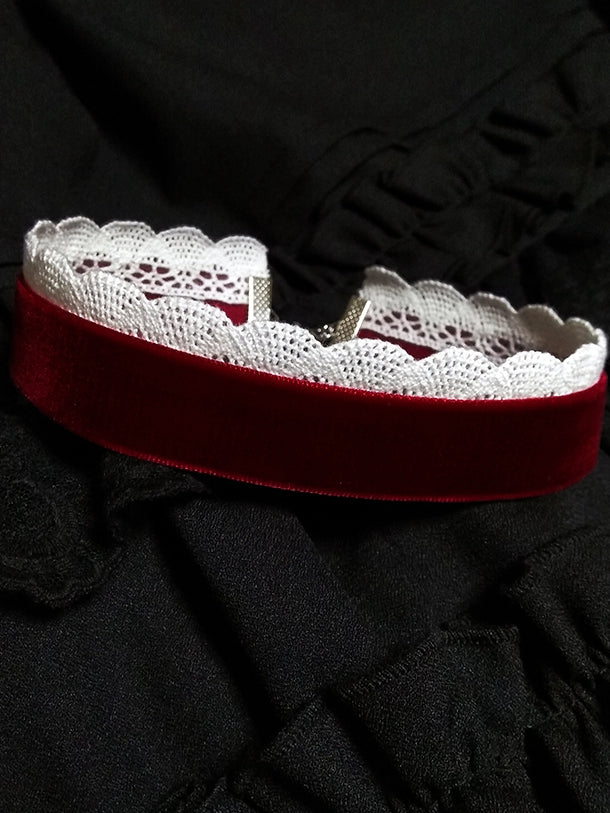 Black/Wine Red Gothic Velvet Choker Cotton Lace Trim