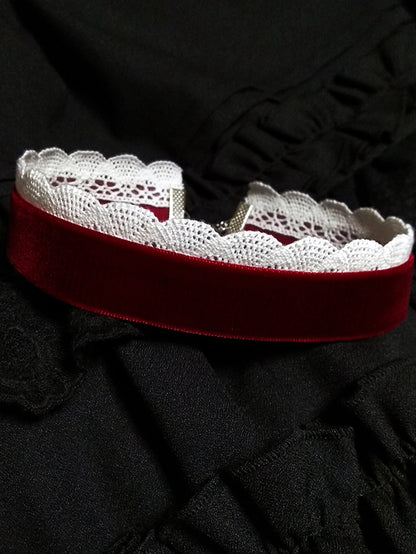 Black/Wine Red Gothic Velvet Choker Cotton Lace Trim