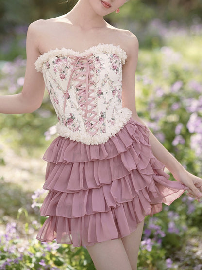 Lace-up Front and Back Floral Print Balletcore Boned Croset Top