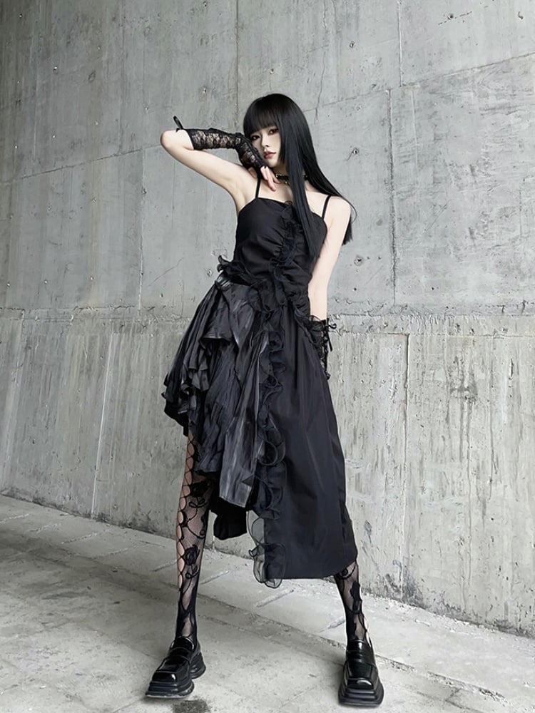 Black Asymmetrical Hem Flounce Trim Glamorous Cami Dress