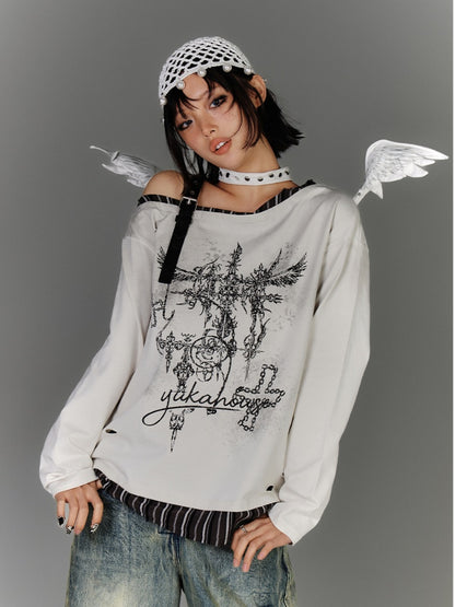 Y2K Apricot Asymmetrical Neckline Buckle Strap Glamorous Graphic Top