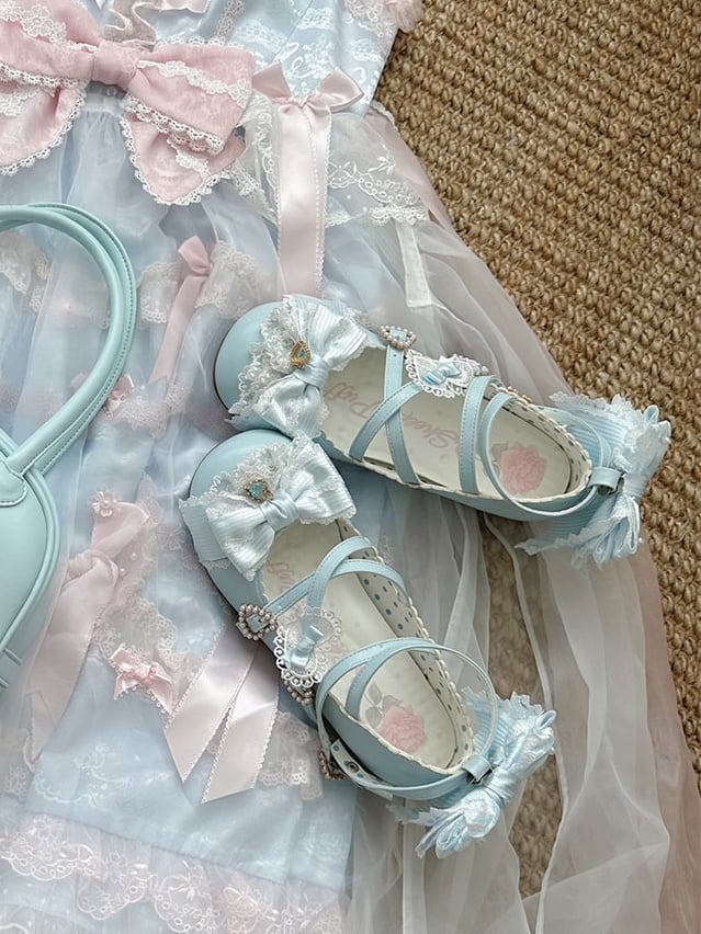Blue Sweet Lolita Bowknot Details Crisscross Design Heart Buckle Straps 5CM Block Heels Shoes