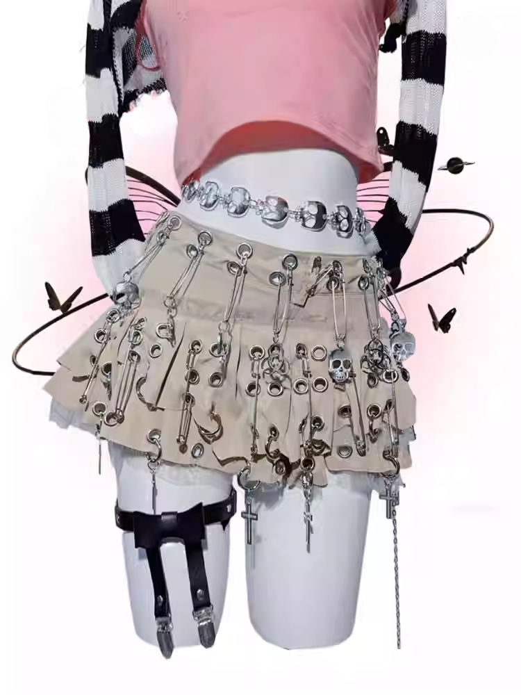 Punk Khaki Asymmetrical Hem Pin Skeleton Cross Design Skirt