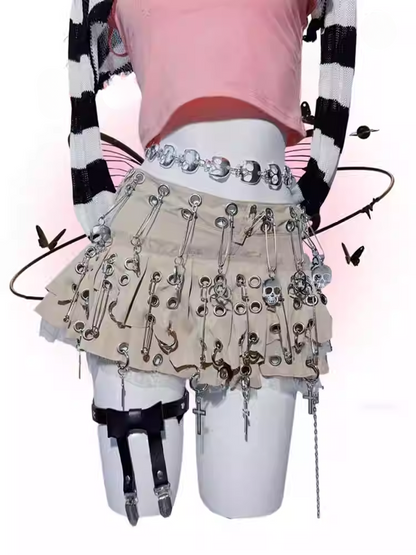 Punk Khaki Asymmetrical Hem Pin Skeleton Cross Design Skirt