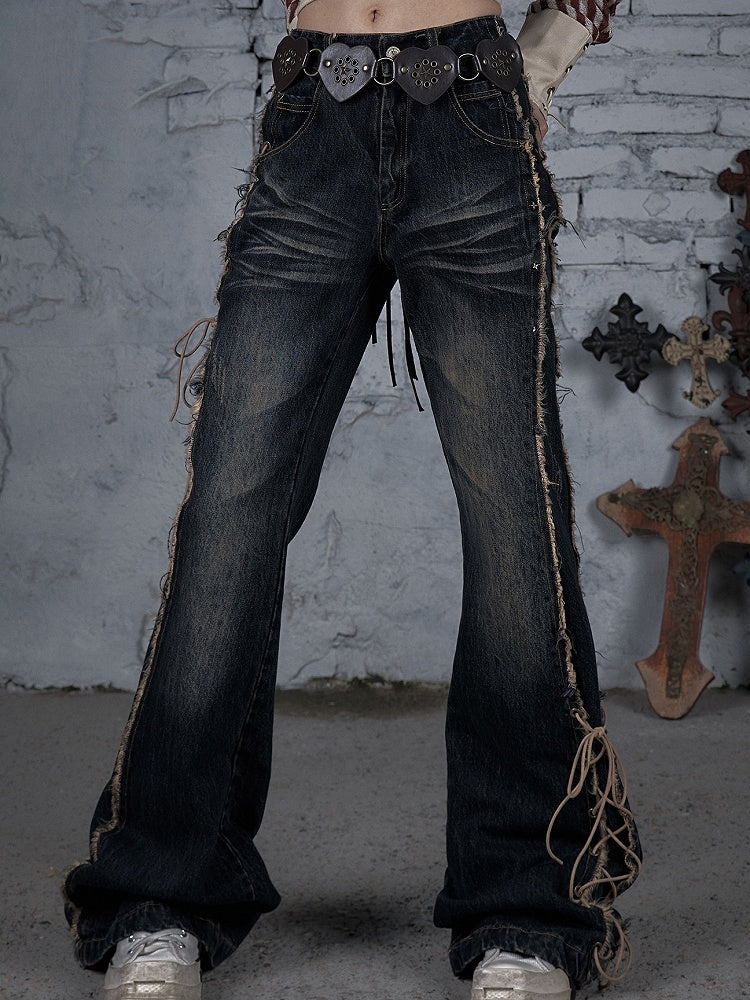 Dark Blue Wasteland Punk Raw Hem Lace-up Detail Fishtail Jeans