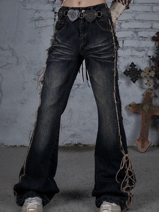 Dark Blue Wasteland Punk Raw Hem Lace-up Detail Fishtail Jeans