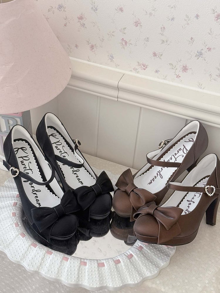 Black Elegant Lolita High Heels - Bow at Top & Rhinestone Heart Buckle