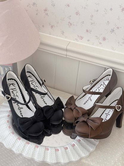 Black Elegant Lolita High Heels - Bow at Top & Rhinestone Heart Buckle