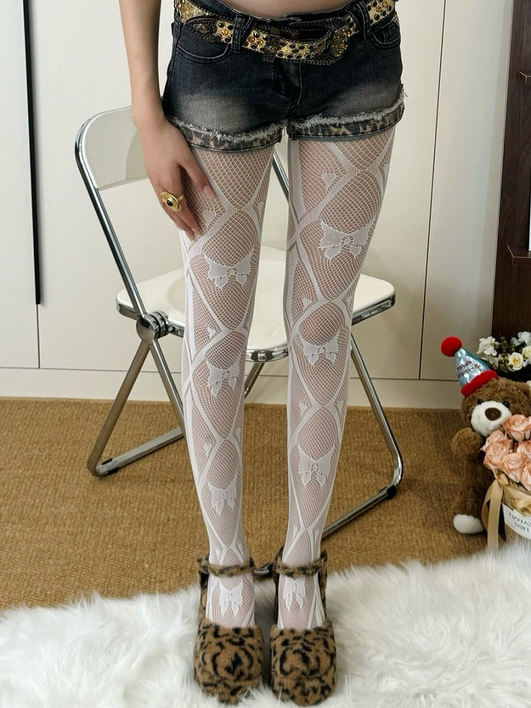 White/Black Gyaru Fashion Butterfly Details Diamond Pattern Tights