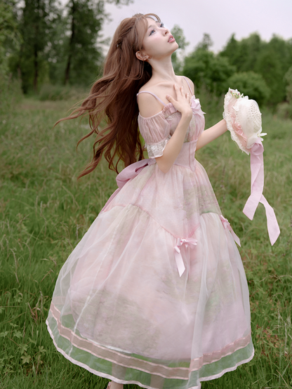 Oil Painting Water Lily Print Basque Waist Light Pink Dress with Organza Overlay