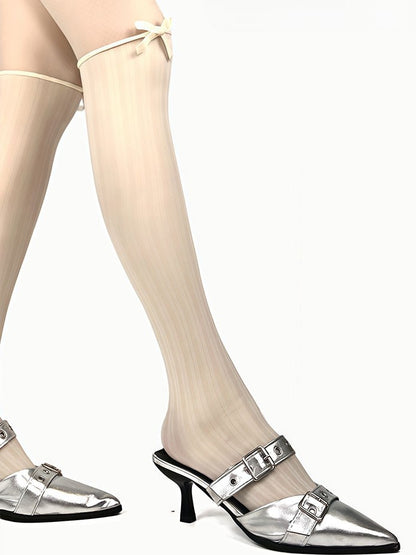 Black/Beige Bowknot Decorated Striped Tights