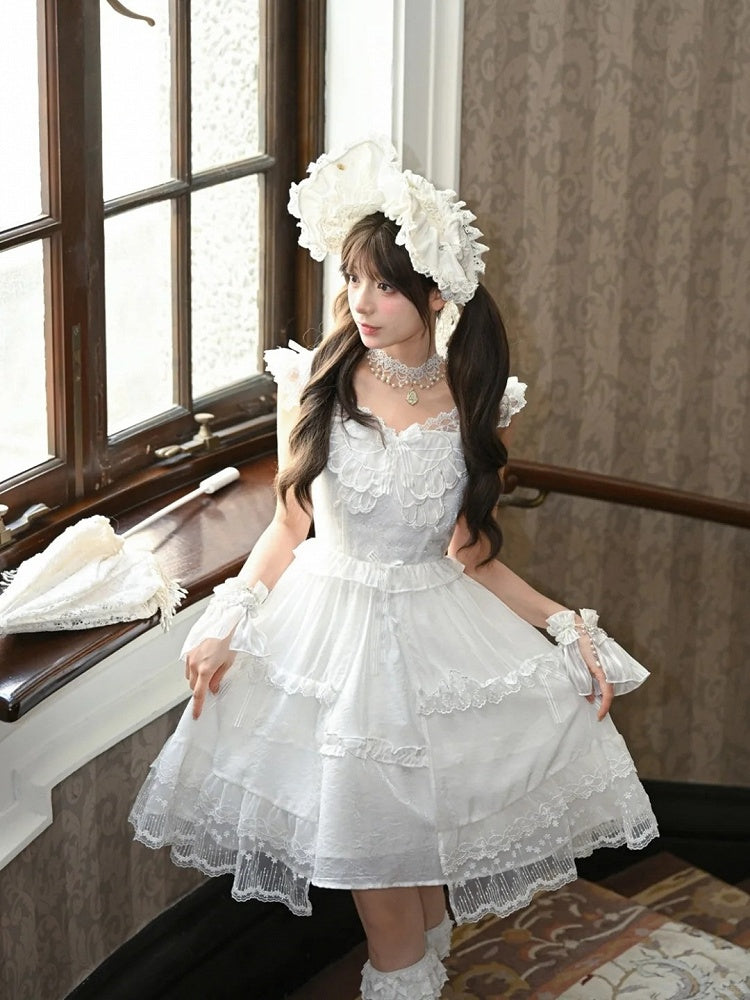White Flutter Sleeves Butterfly Accent Ruffled Lace Trim Lolita JSK