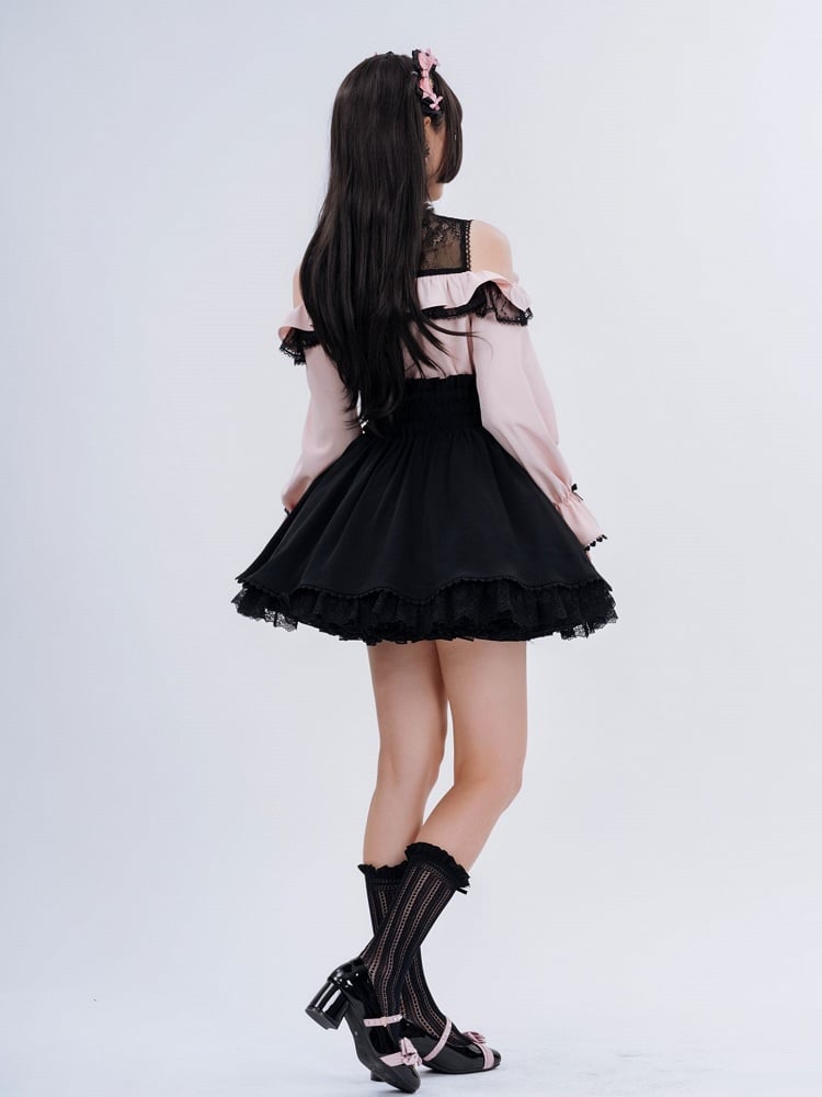 Jirai Kei Open Shoulders Long Sleeves Black and Pink Blouse