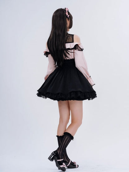 Jirai Kei Open Shoulders Long Sleeves Black and Pink Blouse